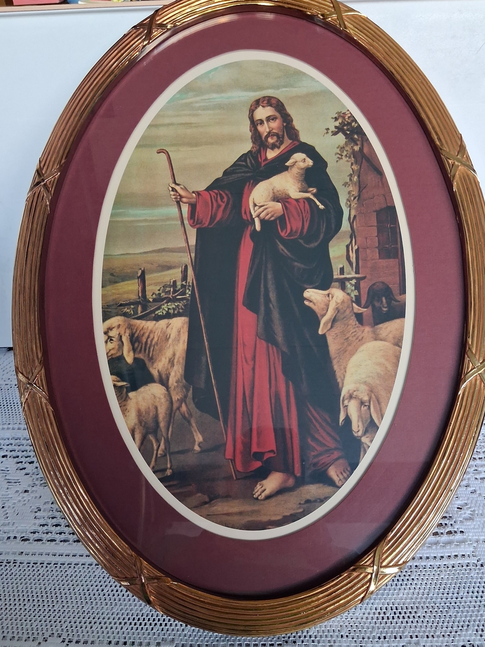 Vintage Jesus Good Shepherd Framed Print Lamb Sheep Gold Oval Frame 22"